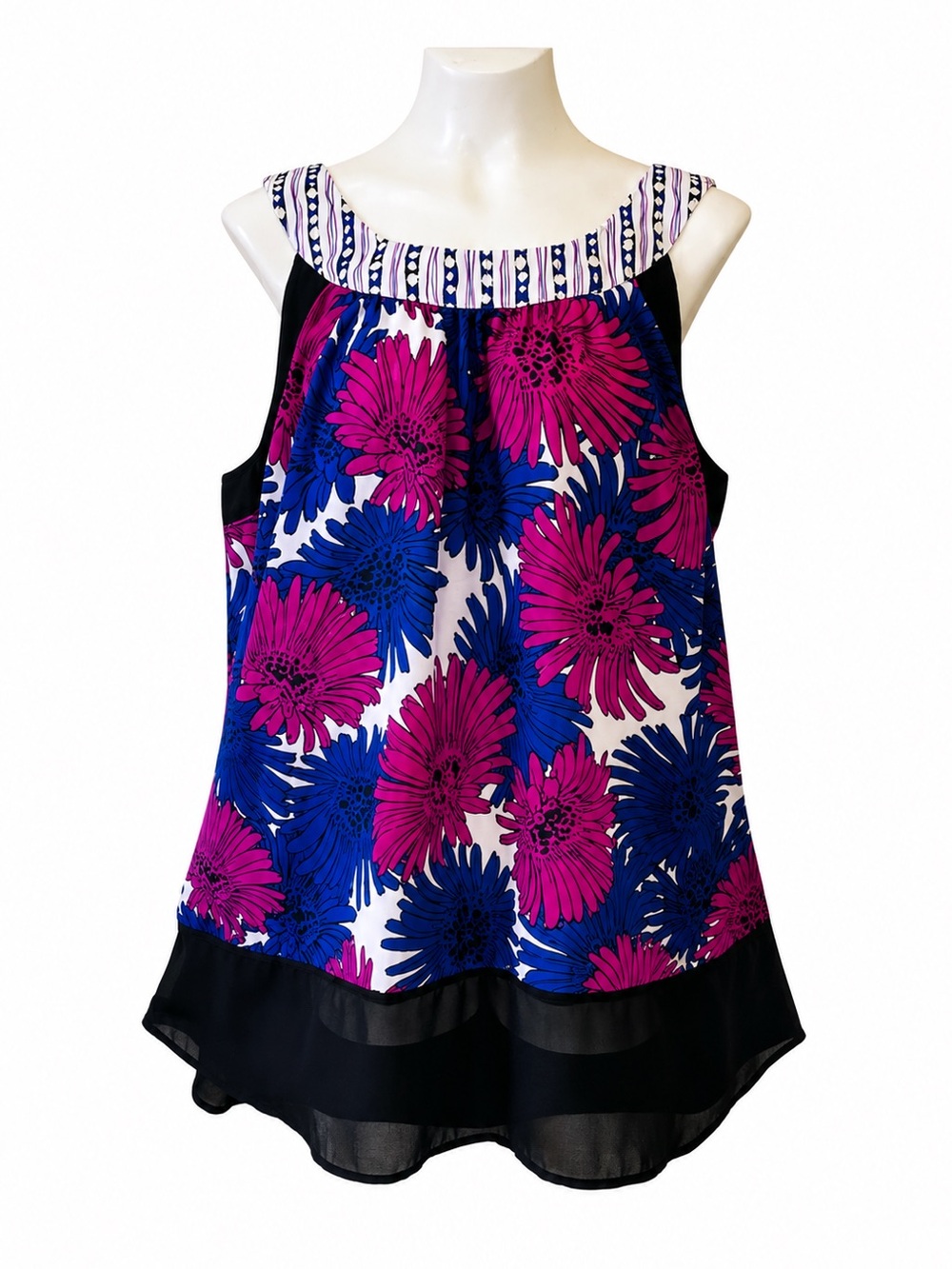 Apostrophe Floral Tunic Top Plus Size 18W Sleeveless Sheer Hem Fuchsia Navy